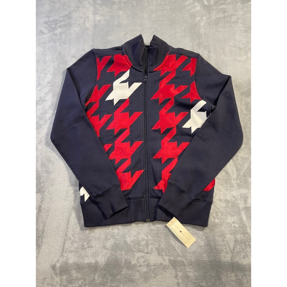 Tommy Hilfiger Womens Full Zip Track Jacket Size M Navy Blue Houndstooth Graphic